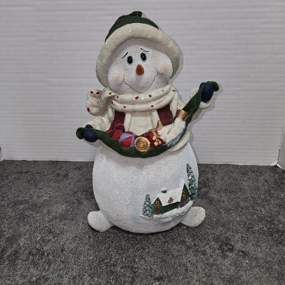 Vintage Resin Snowman Figurine Garland Winter Cabin Village Scene Tabletop Decor